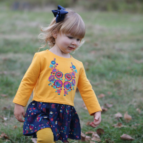 Mustard Embroidered Long Sleeve Dress,Dresses,Rockin' Baby-The Little Clothing Company
