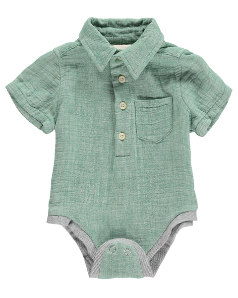 Baby Boy's Green Gauzy Button Up Onesie,Onesie,Me and Henry-The Little Clothing Company