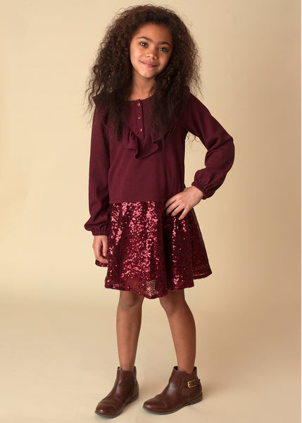 Girl's Burgundy Sequin Skirt and Ruffle Long Sleeve Top - 2 Piece Set,Dresses,Mabel + Honey-The Little Clothing Company