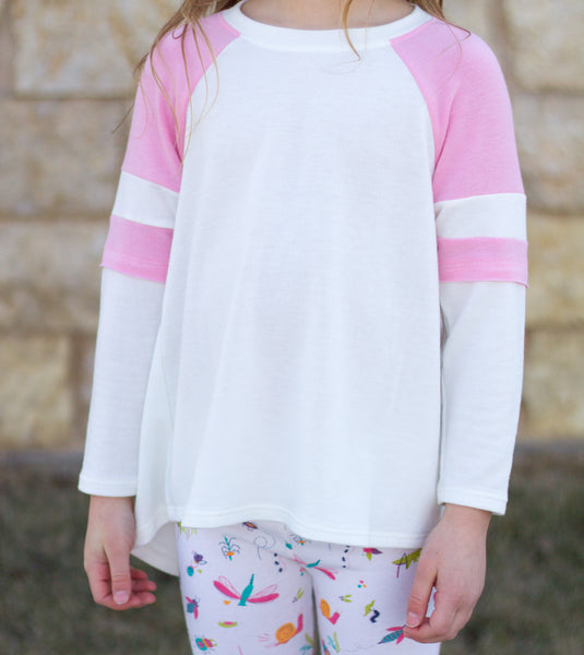 Stripe Sleeve White Girls Baseball Tee - Pink or Blue,Shirts,Freeloader-The Little Clothing Company