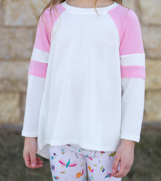 Stripe Sleeve White Girls Baseball Tee - Pink or Blue,Shirts,Freeloader-The Little Clothing Company