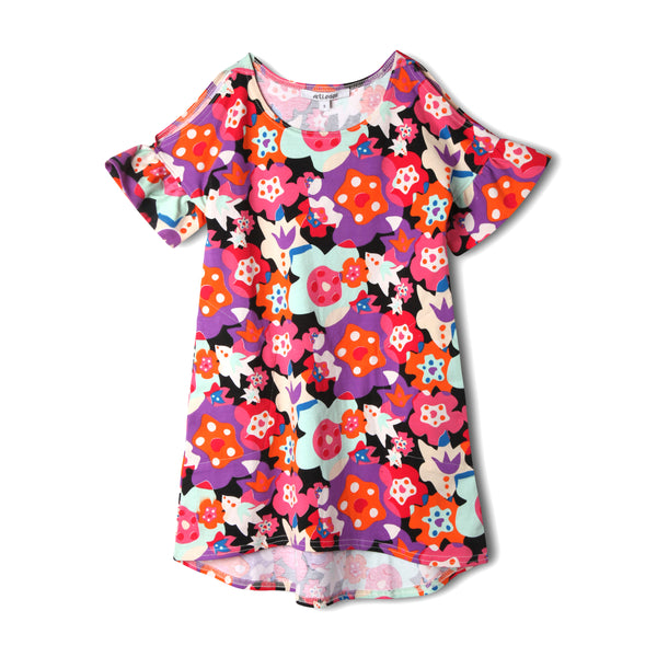 Pink & Purple Floral Girls Cold Shoulder Organic Cotton Dress,Dresses,Art & Eden-The Little Clothing Company