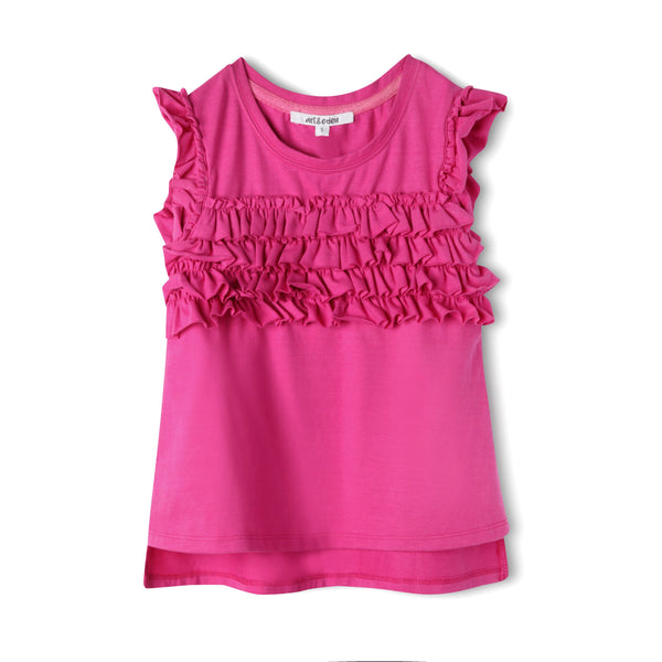 Flutter Ruffle Girls Organic Cotton Sleeveless Tank - Pink,Shirts,Art & Eden-The Little Clothing Company
