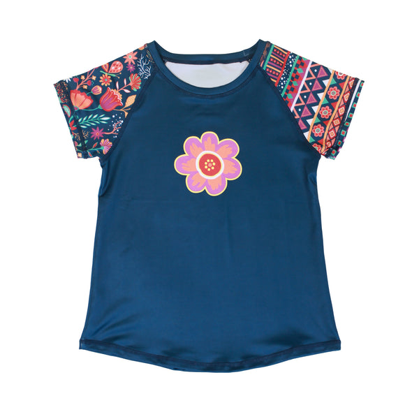 Boho Girl Blue Floral and Stripe Print Short Sleeve Shirt,Shirts,Chooze-The Little Clothing Company