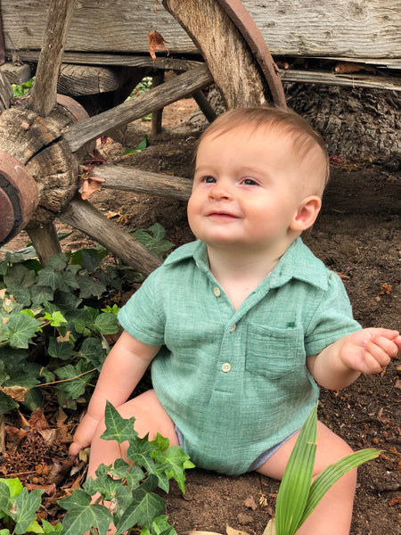 Baby Boy's Green Gauzy Button Up Onesie,Onesie,Me and Henry-The Little Clothing Company