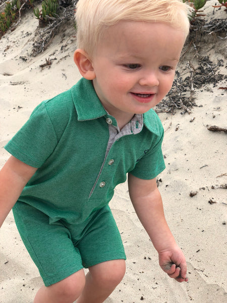 Baby Boy's Green Pique Polo Romper,Romper,Me and Henry-The Little Clothing Company