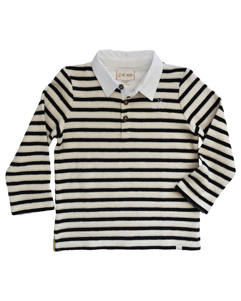 Boy's Black & Cream Stripe French Terry Long Sleeve Polo Shirt,Shirts,Me and Henry-The Little Clothing Company