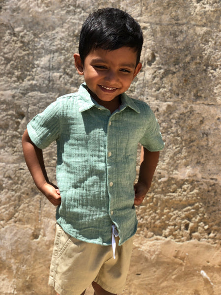 Boy's Green Gauzy Button Up Shirt,Shirts,Me and Henry-The Little Clothing Company