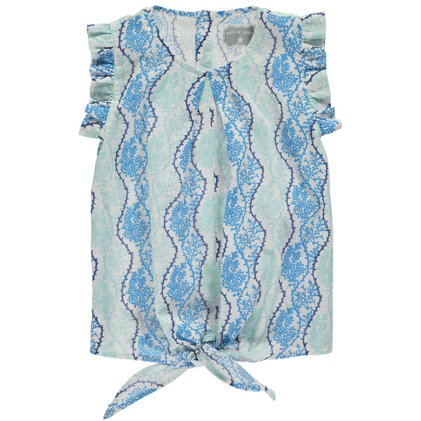 Coral Print Girls Blue Front Tie Tank,Shirts,Rockin' Baby-The Little Clothing Company