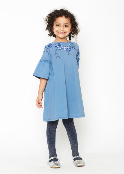 Blue Floral Girl’s Applique Bell Sleeve Dress,Dresses,Art & Eden-The Little Clothing Company