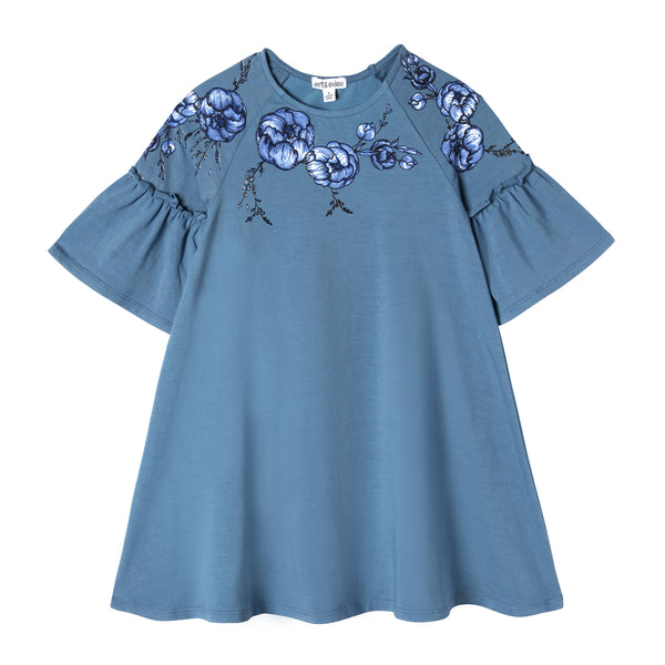 Blue Floral Girl’s Applique Bell Sleeve Dress,Dresses,Art & Eden-The Little Clothing Company