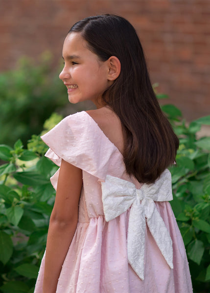 Girl's Pink Swiss Dot Bow Dress,Dresses,Mabel + Honey-The Little Clothing Company