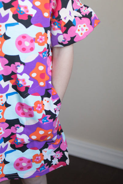 Pink & Purple Floral Girls Cold Shoulder Organic Cotton Dress,Dresses,Art & Eden-The Little Clothing Company