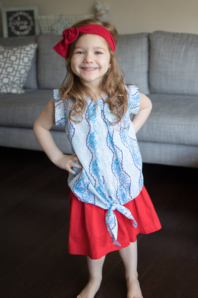 Coral Print Girls Blue Front Tie Tank,Shirts,Rockin' Baby-The Little Clothing Company