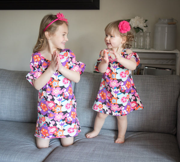 Pink & Purple Floral Girls Cold Shoulder Organic Cotton Dress,Dresses,Art & Eden-The Little Clothing Company