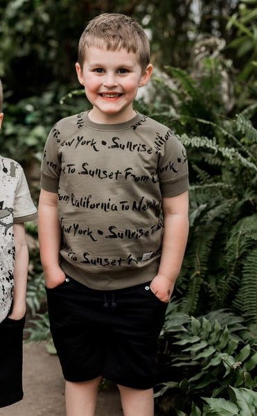California to New York Script Boys Short Sleeve Sweatshirt,Shirts,Art & Eden-The Little Clothing Company